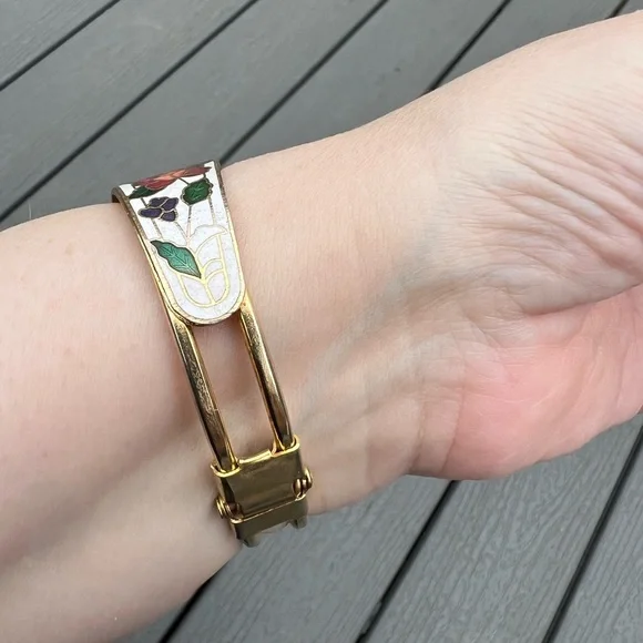 Vintage Cloisonné Rose Flower Bangle Bracelet - Picture 2 of 5